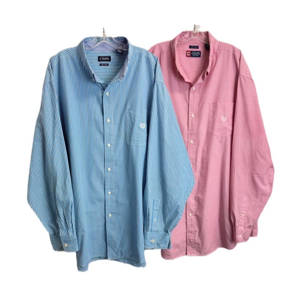 Lot of 2 Chaps Mens 3XB Easy Care Button Down Shirts Blue‎ Stripe Pink 3XT